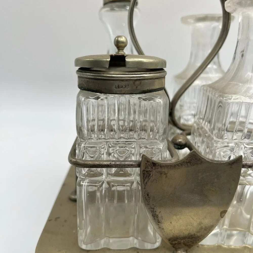 Antique Victorian EPNS Cruet Castor Set Pressed Glass Bottles Silverplate Stand